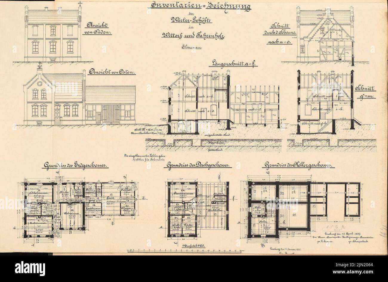 N.N., militaire et système d'écluse, Wittorf, Hörholz: Wauterhöfte: Vues, plan d'étage KG, EG, DG, coupes 1: 100. Lithographie sur papier, 47,8 x 72,5 cm (y compris les bords de numérisation) N.N. : Wehr- und Schleusenanlage, Wittorf, Hangholz Banque D'Images