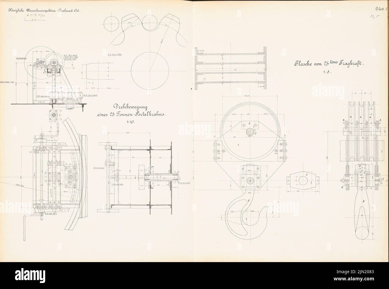 N.N., grue de sellette sur le chantier naval, Stralsund: Mouvement rotatif d'une 25 tonnes de grues portales: Coupes, détails 1:10, 1: 5. Lithographie sur papier, 62,2 x 92,2 cm (y compris les bords de numérisation) N.N. : Drehscheibenkran auf der Werft, Stralsund Banque D'Images