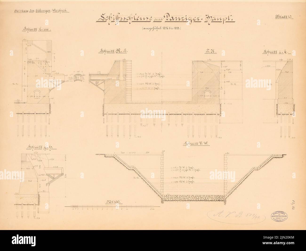 N.N., Danziger Haupt lock, Gdansk: Coupes 1: 100. Coupure légère sur le papier, 46,3 x 61,7 cm (y compris les bords de numérisation) N. : Schleuse Danziger Haupt, Danzig Banque D'Images