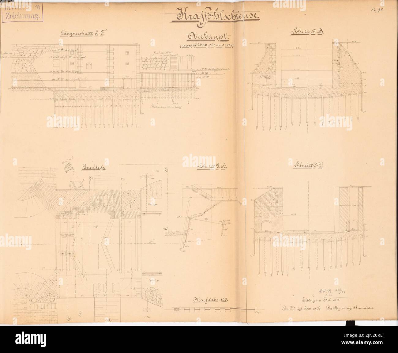 N.N., serrure Kraffohl, ébing. Conversion: Chef: Plan d'étage, coupes 1: 100. Coupure légère sur le papier, 63,1 x 77,2 cm (y compris les bords de numérisation) N. : Kraffohl-Schleuse, Elbing. Umbau Banque D'Images