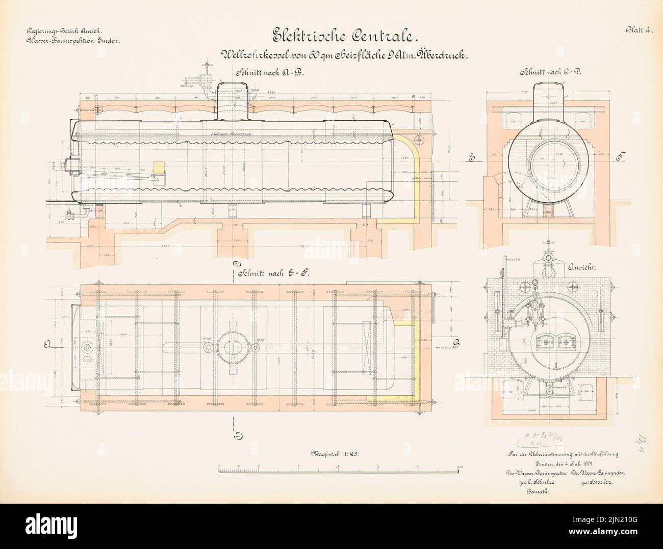 N.N., Siège électrique du génie hydraulique, Emden: Chaudière à tube Weller: Vue, coupures 1:25. Lithographie colorée sur le carton, 49,5 x 65 cm (y compris les bords de numérisation) N.N. : Elektrische Zentrale der Wasserbauinspektion, Emden Banque D'Images