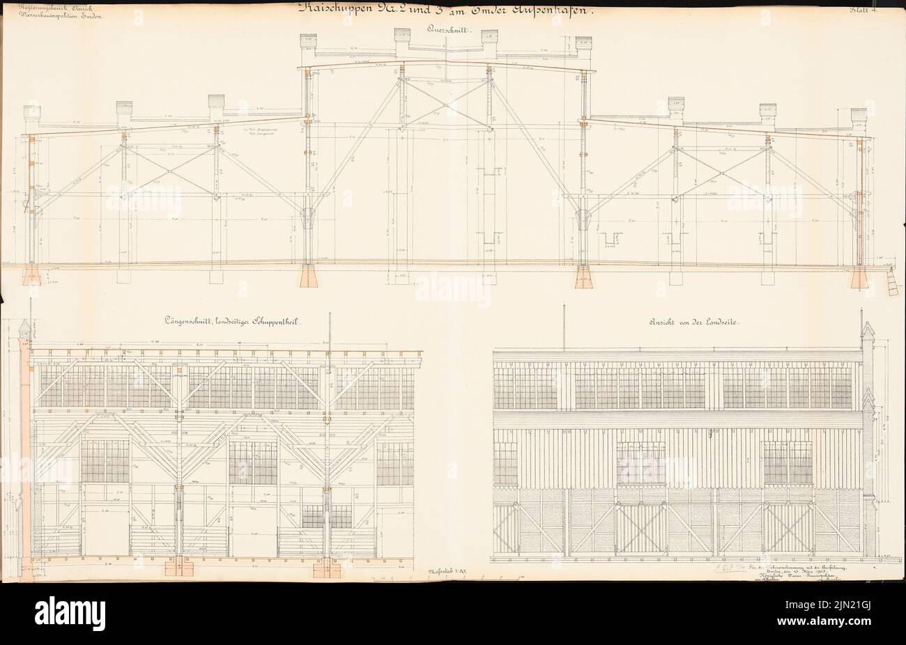 N.N., Kaischuppen n° 2 et 3 au port extérieur, Emden: Vue, coupe transversale, section longitudinale 1:50. Lithographie colorée sur papier, 64 x 99,4 cm (y compris les bords de numérisation) N.N. : Kaischuppen Nr. 2 et 3 Am Außenhafen, Emden Banque D'Images