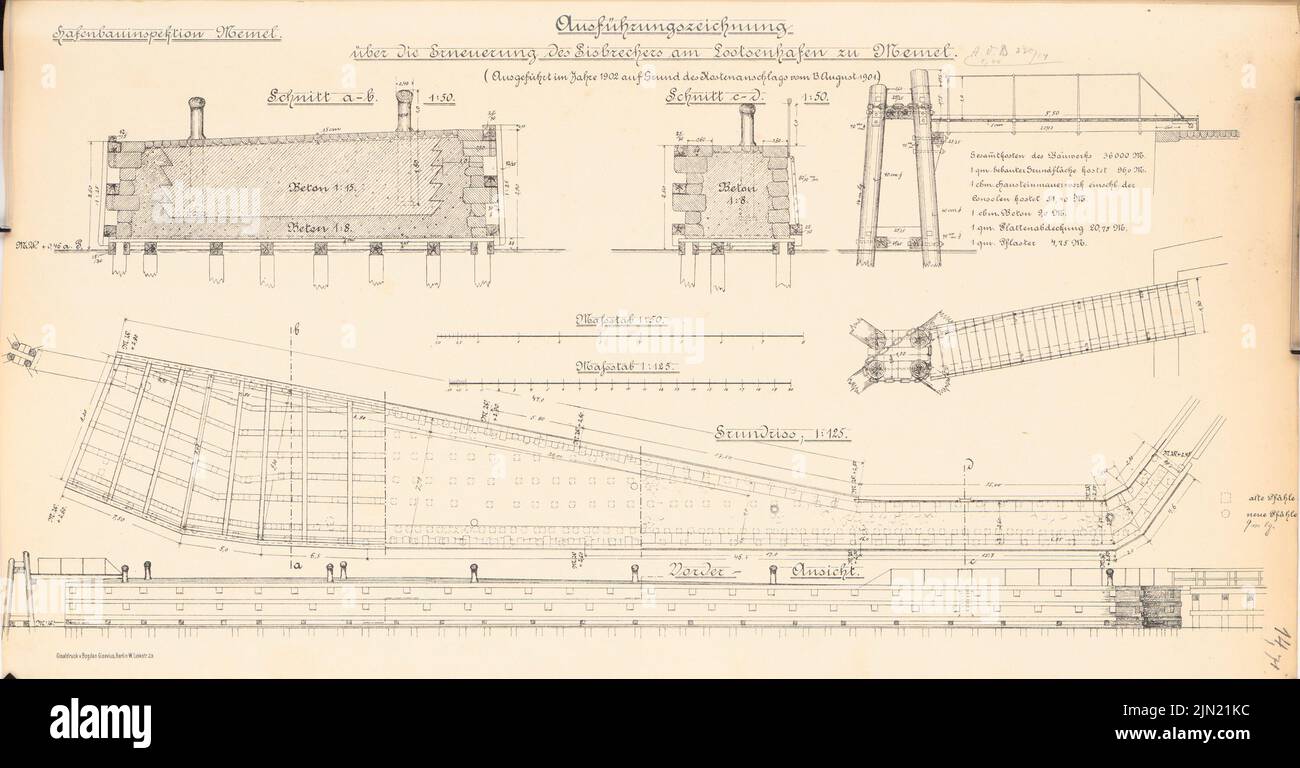 N.N., Renouvellement du brise-glace au Lototenhafen, Memel: Voir, plan d'étage, coupes 1: 125, 1:50. Lithographie sur papier, 32,7 x 62,7 cm (y compris les bords de numérisation) N.N. : Erneuerung des Eisbrechers am Lotsenhafen, Memel Banque D'Images