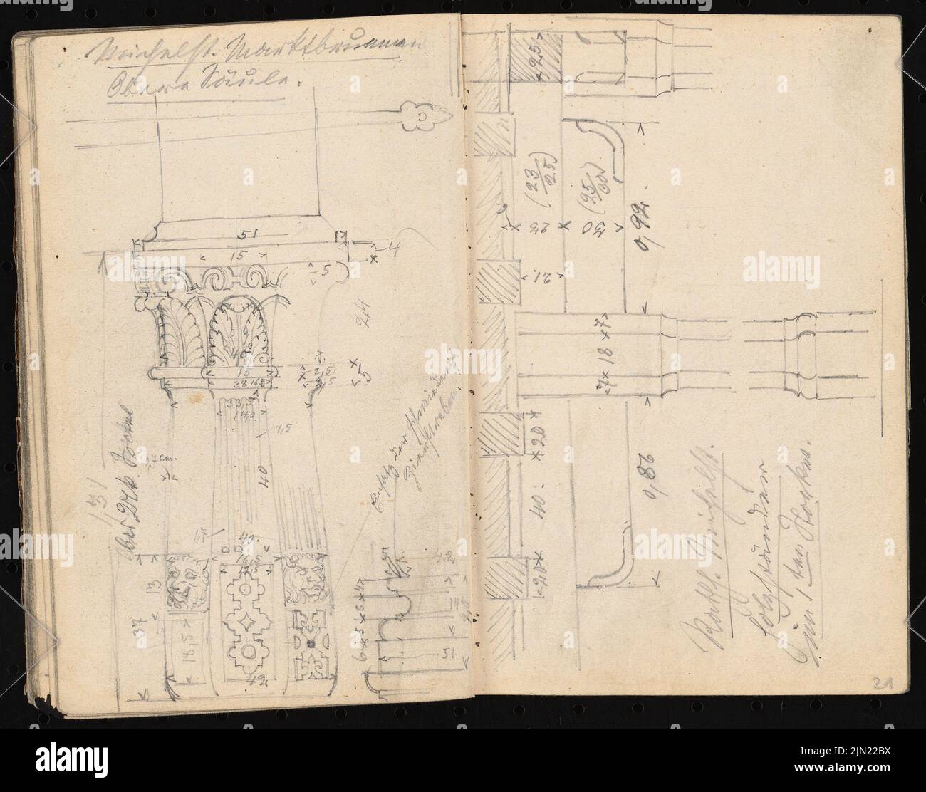 Lehmmübner Paul (1855-1916), sketchbook: Rathaus, Michelstadt (sans dat.): Rathaus Michelstadt. Détails de la Fachding et détails fontaine de marché. Crayon sur papier, 17,2 x 21,8 cm (y compris les bords de numérisation) Lehmgrübner Paul (1855-1916): Skizzenbuch: Rathaus, Michelstadt Banque D'Images