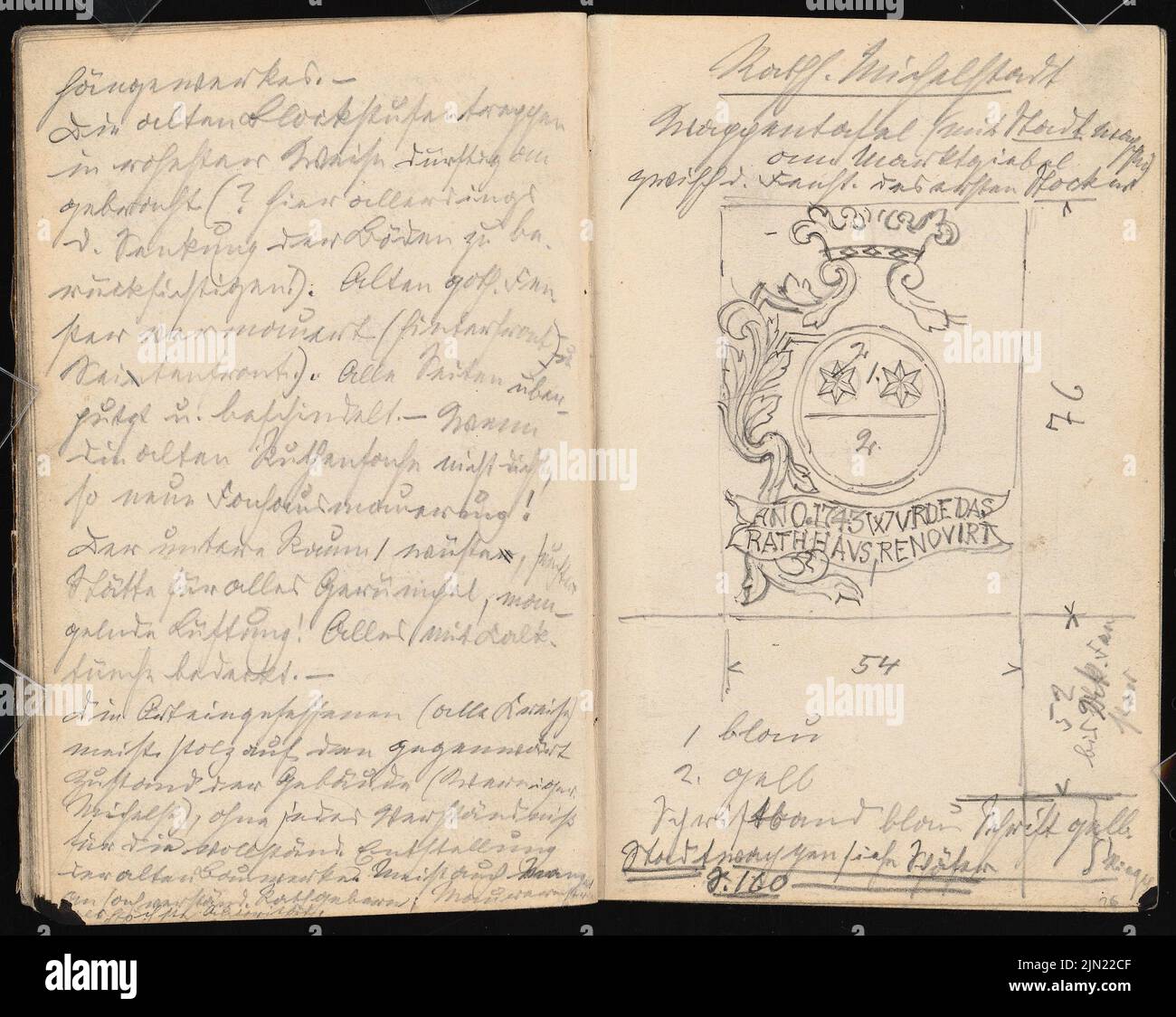 Lehmmübner Paul (1855-1916), sketchbook: Rathaus, Michelstadt (sans dat.): Rathaus Michelstadt. Explications, planche avec armoiries. Crayon sur papier, 17 x 21,3 cm (y compris les bords de numérisation) Lehmgrübner Paul (1855-1916): Skizzenbuch: Rathaus, Michelstadt Banque D'Images