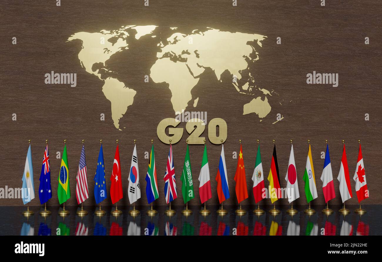 Drapeaux G20 membres , concept du sommet ou de la réunion de G20, G20 pays , Groupe des vingt membres, 3D illustrations et 3D travaux; Banque D'Images