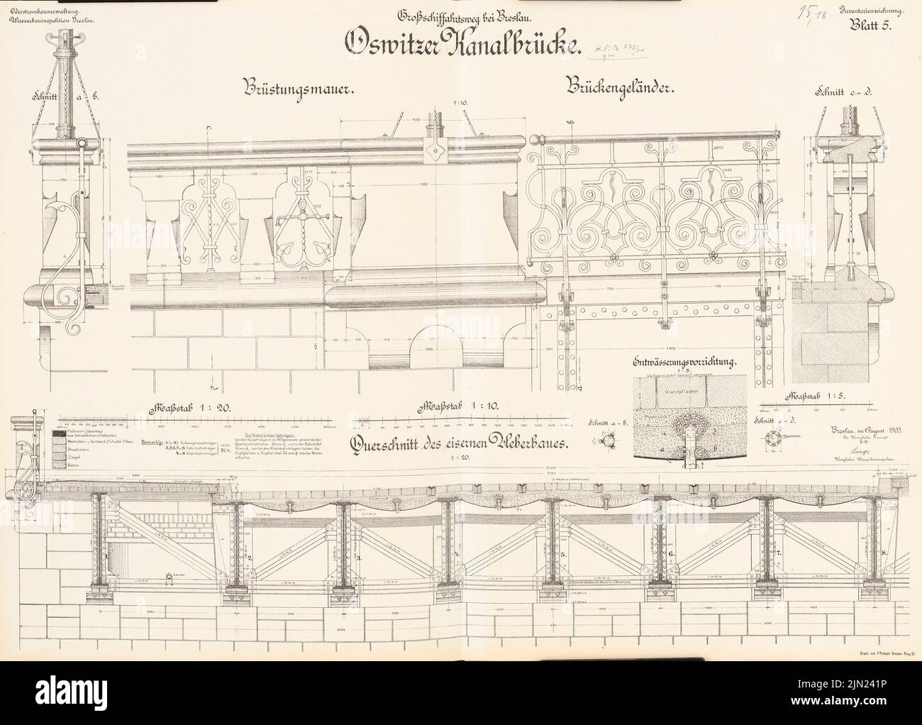 N.N., Großschiffahrtsweg, Wroclaw. Oswitzer Kanalbrücke: Superstructure en fer, rampes: Vues, coupes, détails 1:20, 1:10, 1 : 5. Lithographie sur carton, 49,2 x 68,6 cm (y compris les bords de numérisation) Banque D'Images