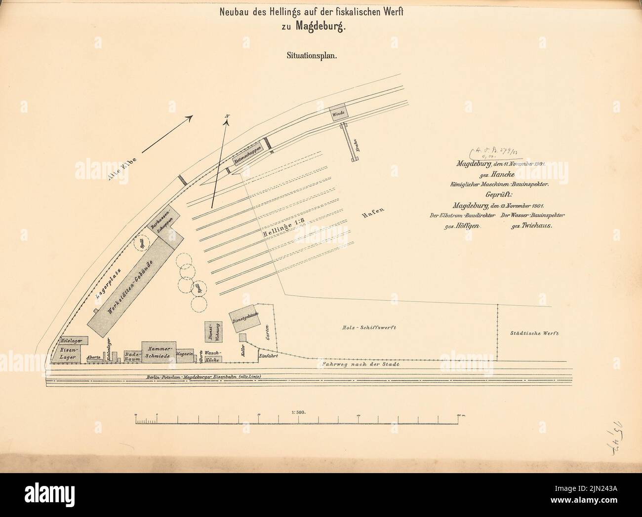 N.N., Helling sur le chantier fiscal, Magdeburg: Plan du site 1: 500. Lithographie sur papier, 44,6 x 60,4 cm (y compris les bords de numérisation) Banque D'Images