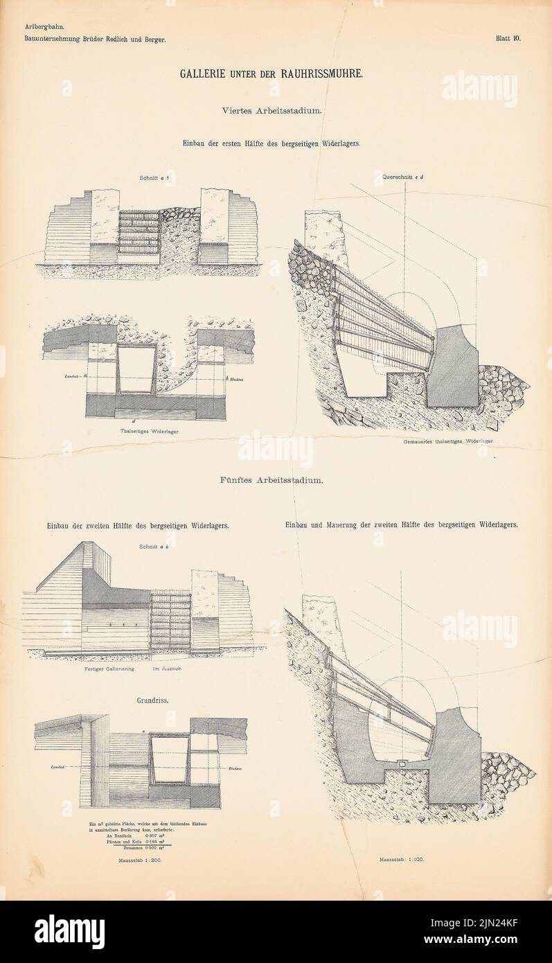 Frères Redlich et Berger, Arlbergbahn : Landeck-St. Anton (sans dat.): Blatt 10: Gallerie sous le Rauhrissmuhre, coupes, plans d'étage, 1: 100, 1: 200. Pression sur le papier, 68,7 x 42,2 cm (y compris les bords de numérisation) Banque D'Images