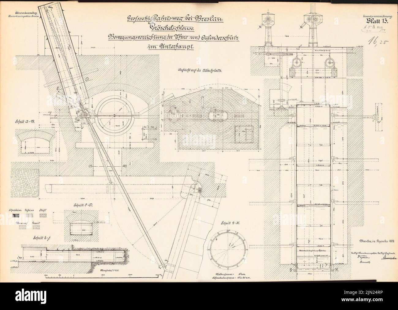 N.N., Großschiffahrtsweg, Wroclaw. Grosse serrure: Dispositif de mouvement des portes et cylindre tir dans le subache: Supervision, coupures 1:20. Lithographie sur carton, 50,4 x 70,9 cm (y compris les bords de numérisation) Banque D'Images