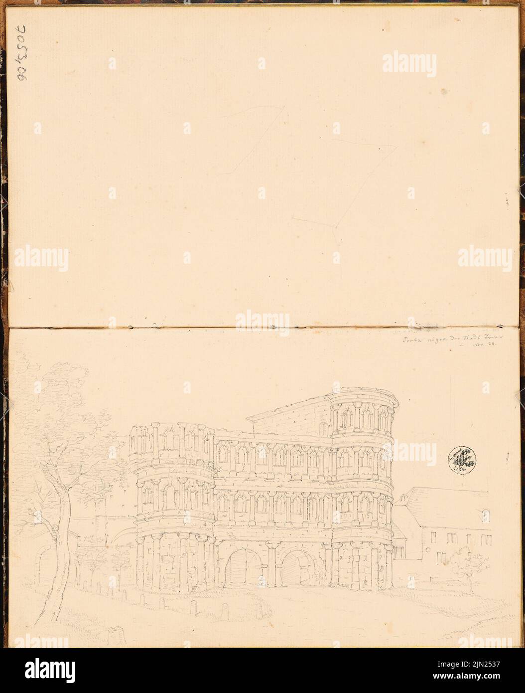 Bull Gustav (1807-1880), carnet de voyage 1828: Porta Nigra, Trèves (11,1828): Vue en perspective de la Porta Nigra à Trèves. Crayon sur papier, 29,9 x 24,3 cm (y compris les bords de numérisation) Banque D'Images