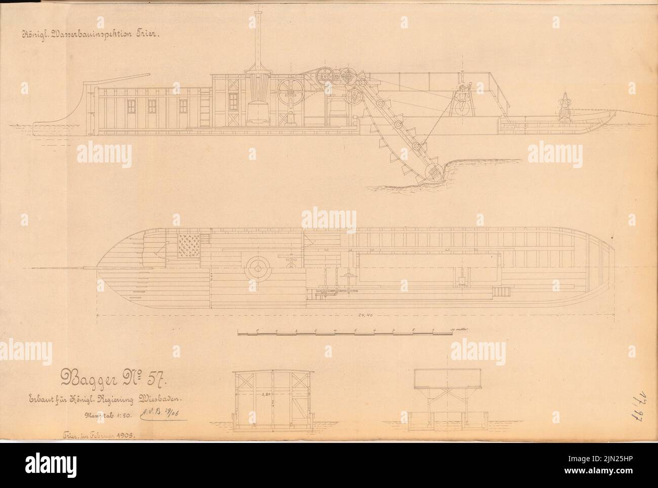 N.N., excavateur N° 57 de l'inspection du génie hydraulique, Trèves : coupes 1:50. Cassure légère sur le papier, 44,3 x 65,9 cm (y compris les bords de numérisation) Banque D'Images