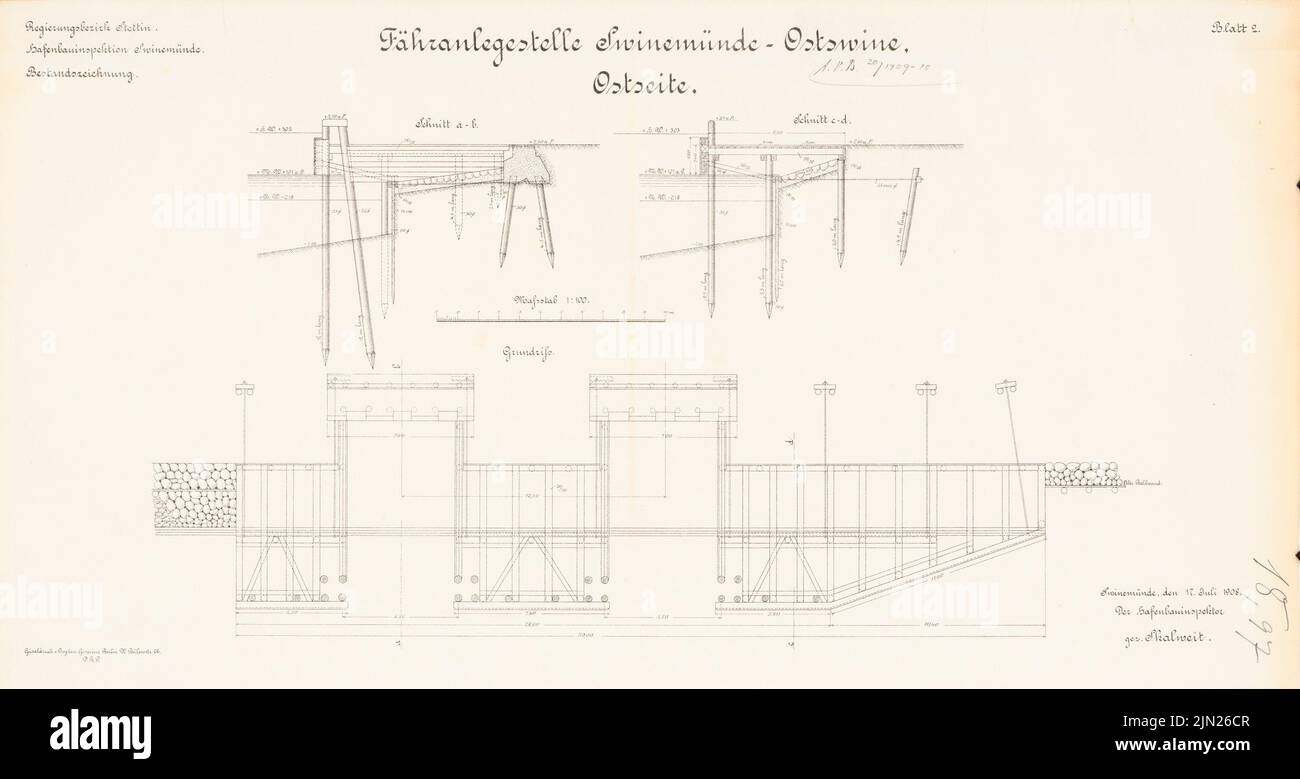 N.N., arrêt de ferry Swinemünde-Ostwine, Swinemünde: côté est: Plan d'étage, coupes 1: 100. Lithographie sur papier, 32,8 x 61,9 cm (y compris les bords de numérisation) Banque D'Images