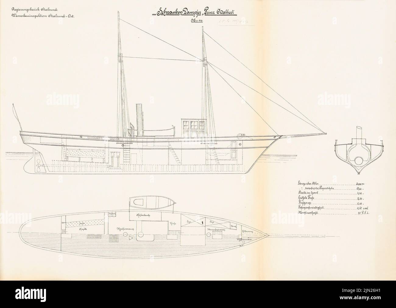 N.N., vapeur à vis »Prince Adalbert«: Coupes, plan d'étage 1:50. Lithographie sur carton, 46,9 x 66,1 cm (y compris les bords de numérisation) Banque D'Images