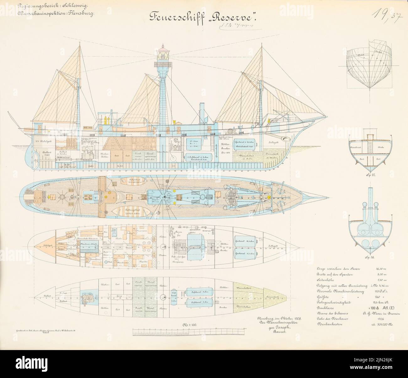 N.N., Feuerchiff »Reserve«: Coupes 1: 100. Lithographie colorée sur papier, 61,7 x 71,9 cm (y compris les bords de numérisation) Banque D'Images