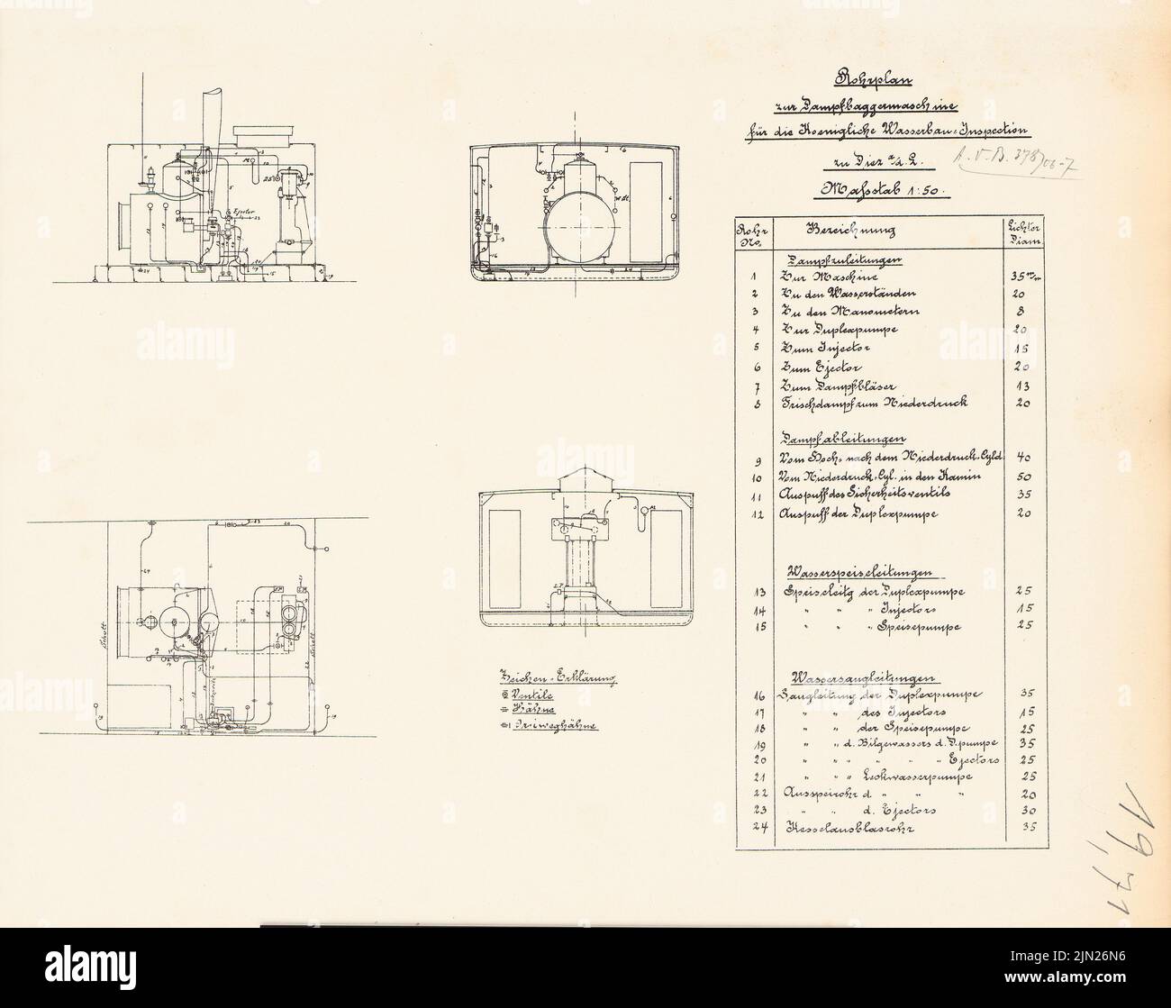 N.N., machine d'excavatrice à vapeur de l'inspection du génie hydraulique, Diez: Plan de tuyauterie 1:50. Lithographie sur papier, 34,8 x 44 cm (y compris les bords de numérisation) Banque D'Images