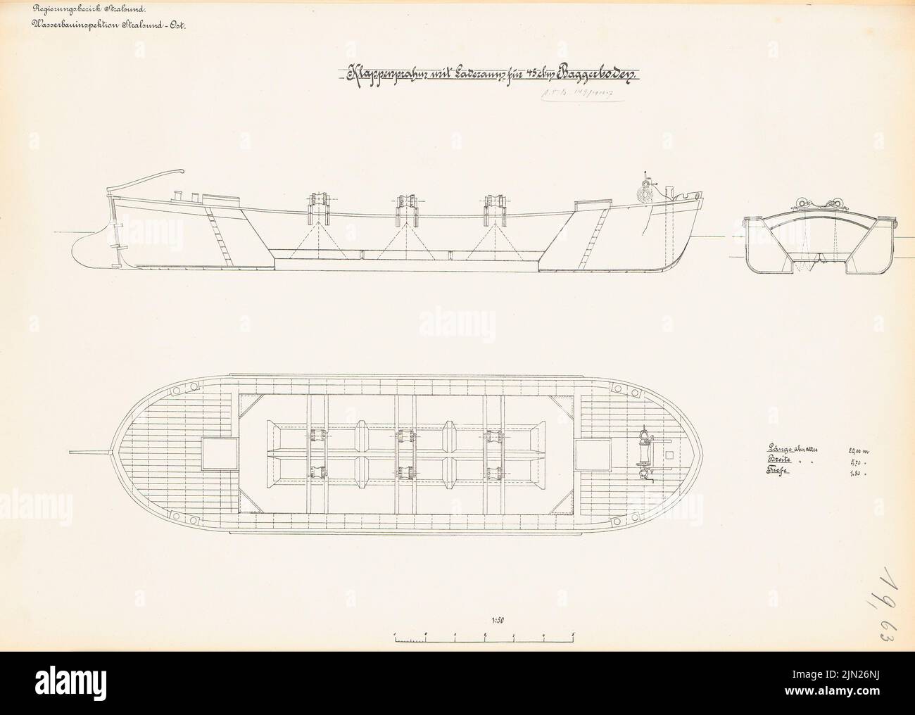 N.N., lambeaux avec espace de chargement pour 45 m3 de sol de dragage: Vue, plan de sol, coupe 1:50. Lithographie sur carton, 43,3 x 60,8 cm (y compris les bords de numérisation) Banque D'Images