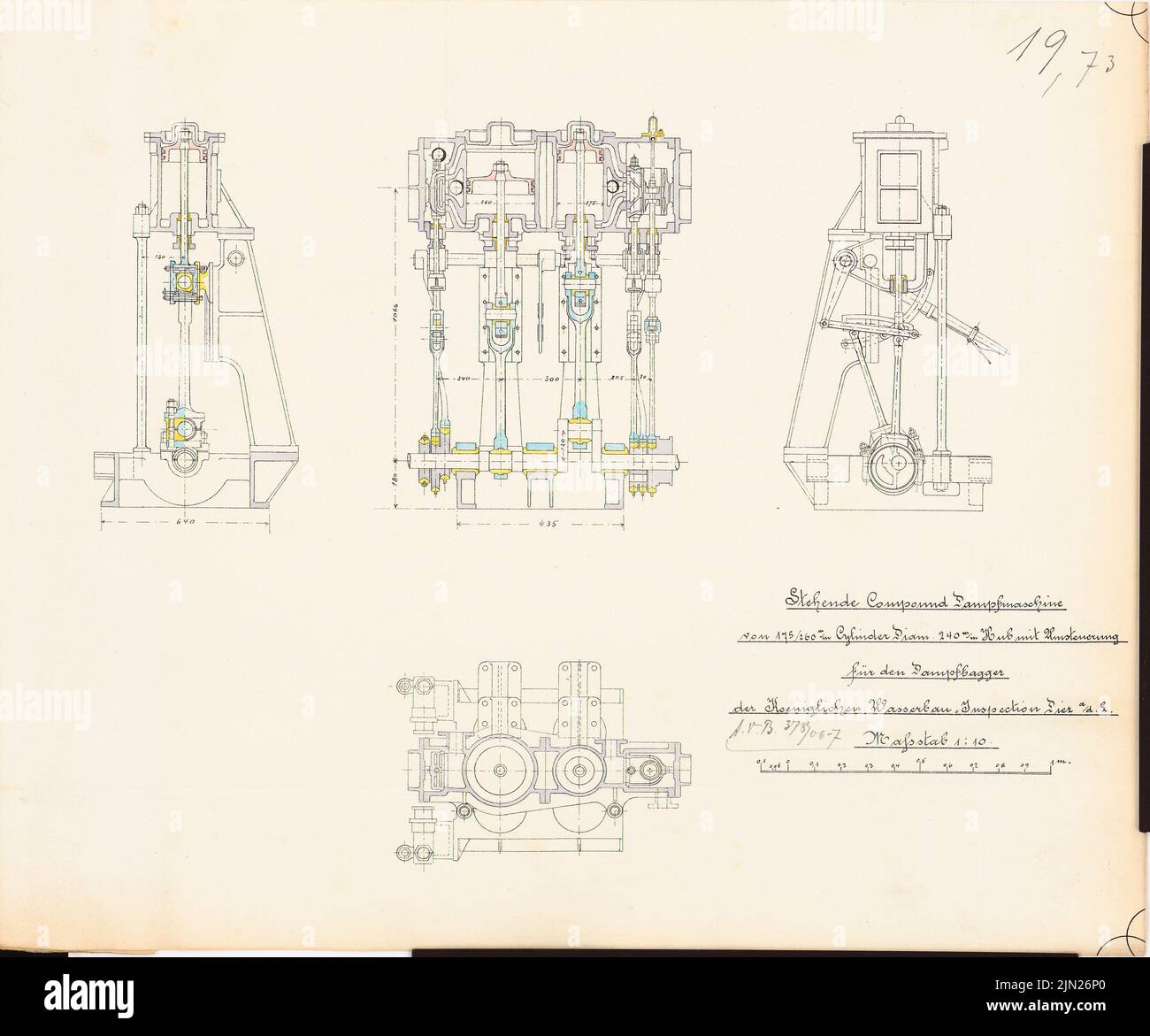 N.N., machine de pelle à vapeur de l'inspection technique hydraulique, Diez: moteur à vapeur composé debout: Coupures 1:10. Lithographie colorée sur papier, 36 x 43,2 cm (y compris les bords de numérisation) Banque D'Images