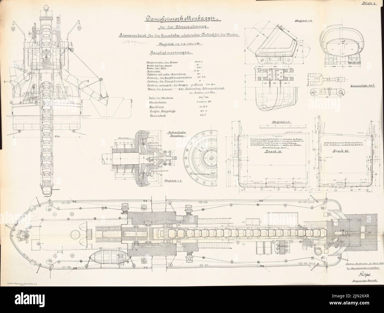 N.N., pelle hydraulique à vapeur n° X pour la régulation or : coupes, détails 1:50, 1:25, 1:10, 1:5. Lithographie sur carton, 74,2 x 99,2 cm (y compris les bords de numérisation) Banque D'Images