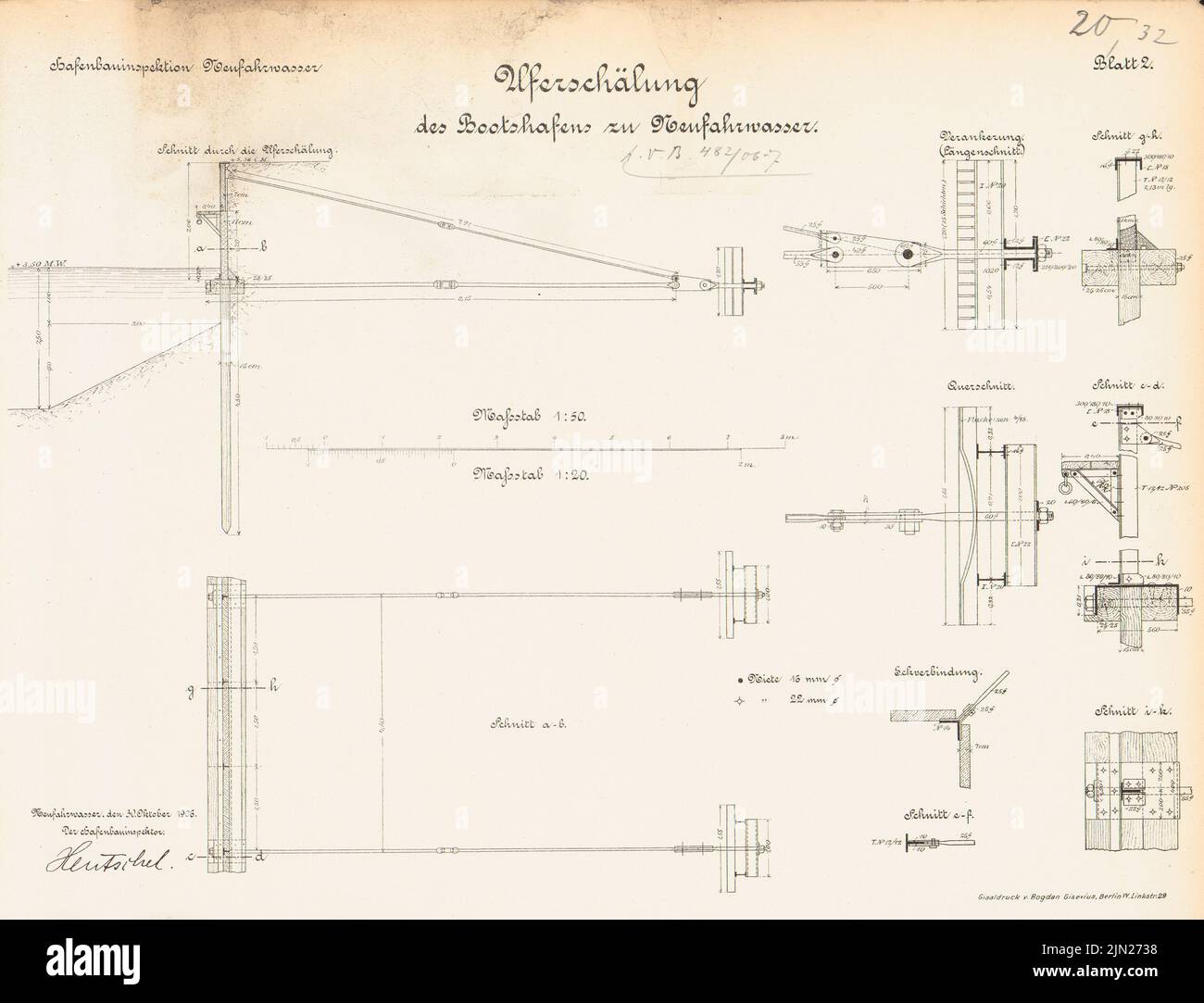 N.N., Hafen, Gdansk-Neufahrwasser: Boatshafen: A travers les abris, détails 1:50, 1:20. Lithographie sur carton, 31,8 x 41,6 cm (y compris les bords de numérisation) Banque D'Images