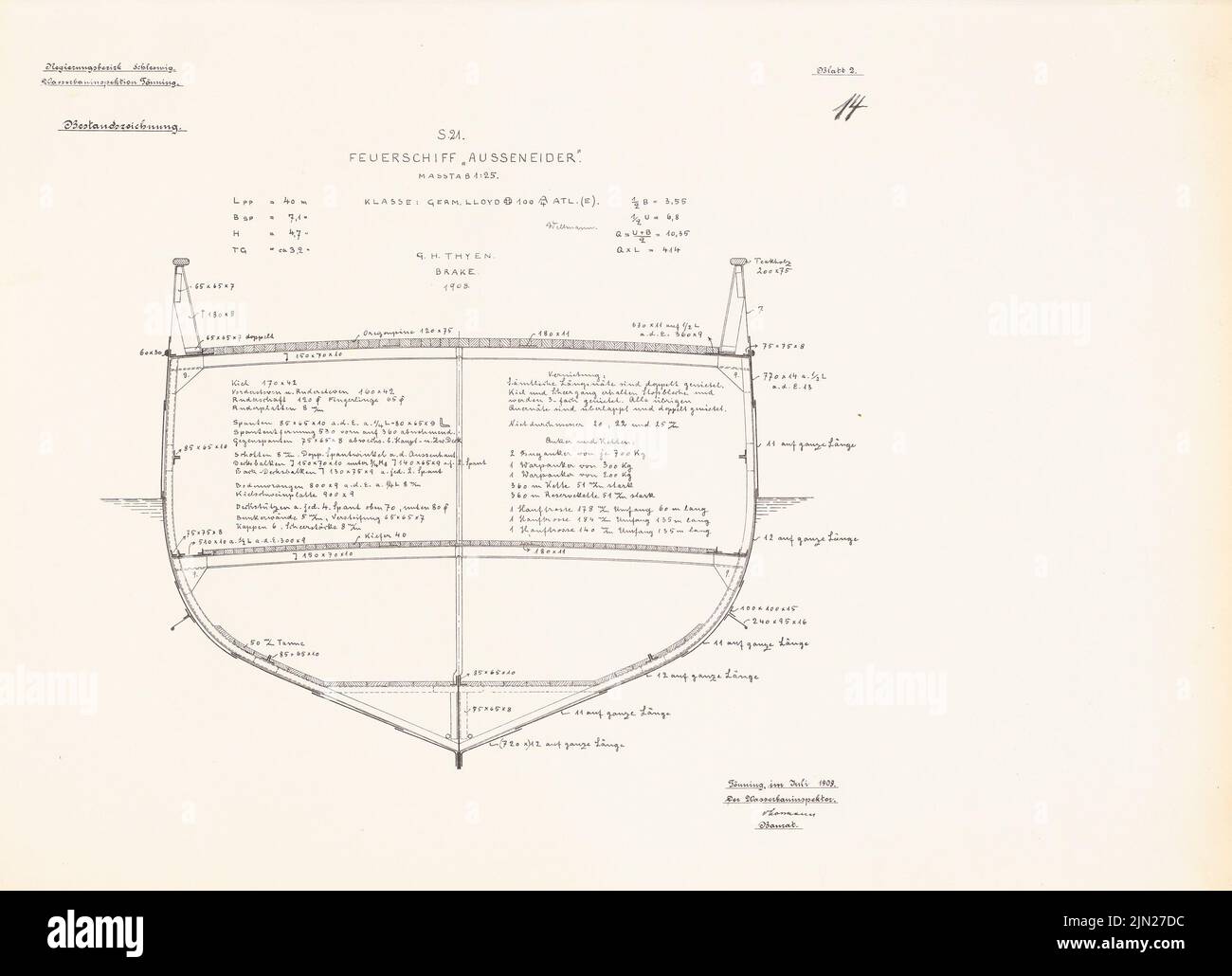 N.N., Feuerschiff »Outsideider«: Coupe 1:25. Lithographie sur carton, 42 x 58,1 cm (y compris les bords de numérisation) Banque D'Images