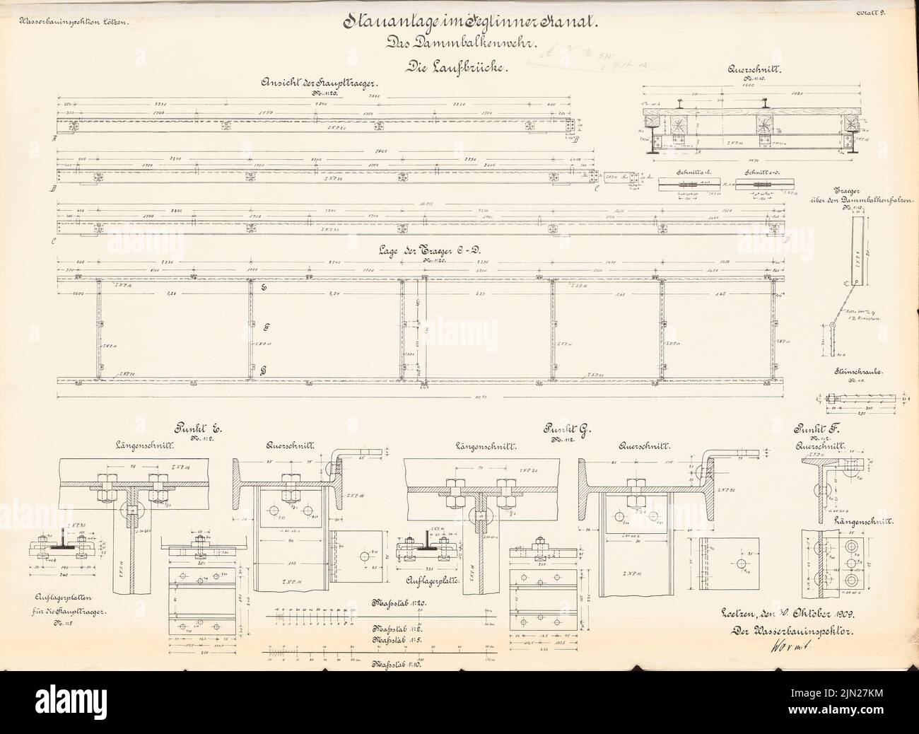 N.N., système d'embouteillage dans le chenal Jeglinner, grande exploitation minière: Dammbalkenwehr, pont tournant: Vue, plan d'étage, coupures 1:20, 1:10, 1:5, 1:2. Lithographie sur carton, 48,7 x 66,8 cm (y compris les bords de numérisation) Banque D'Images