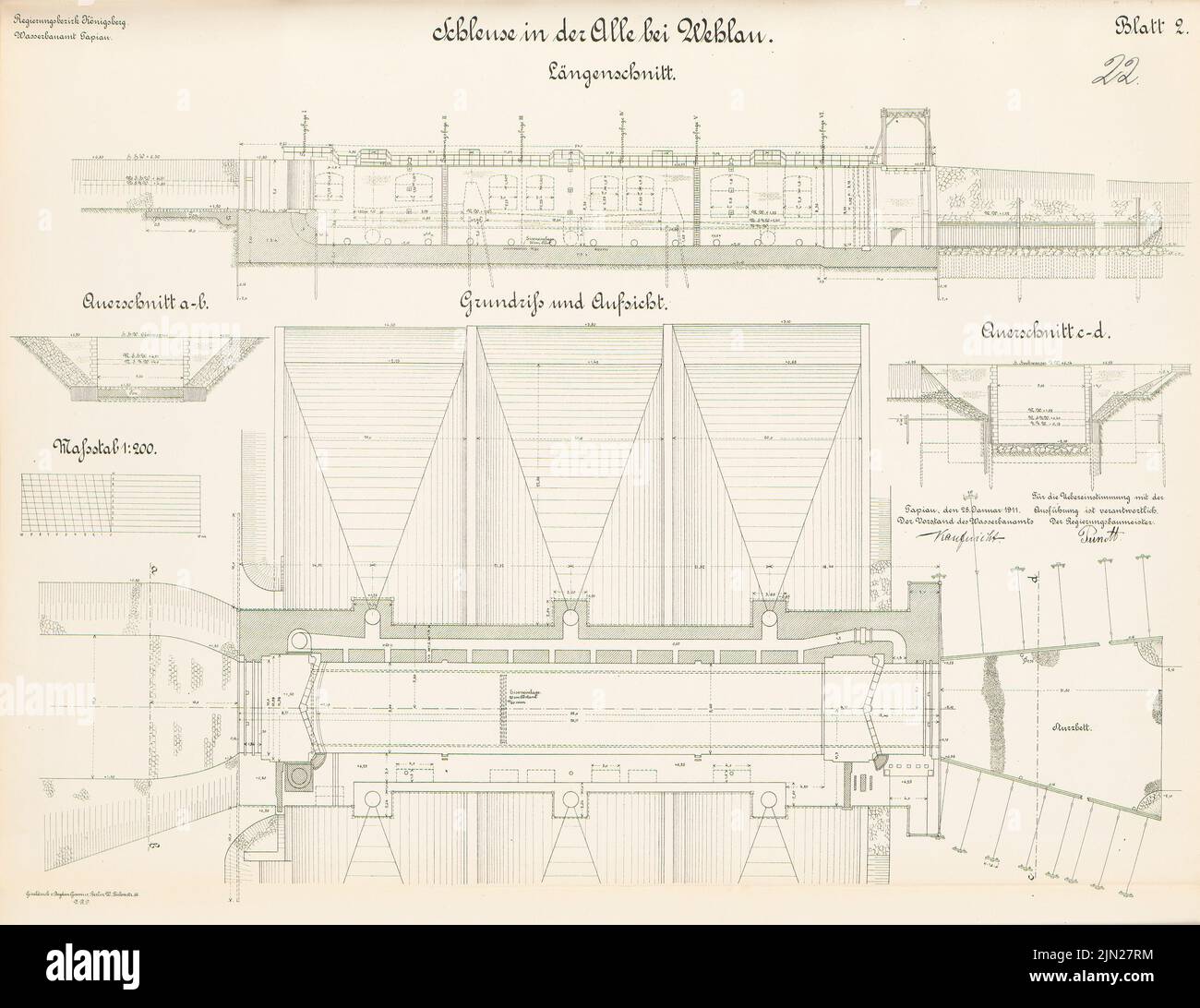 N.N., lock in the All, Wehlau: Plan d'étage, supervision, coupes 1: 200. Lithographie sur carton, 48,6 x 63,1 cm (y compris les bords de numérisation) Banque D'Images