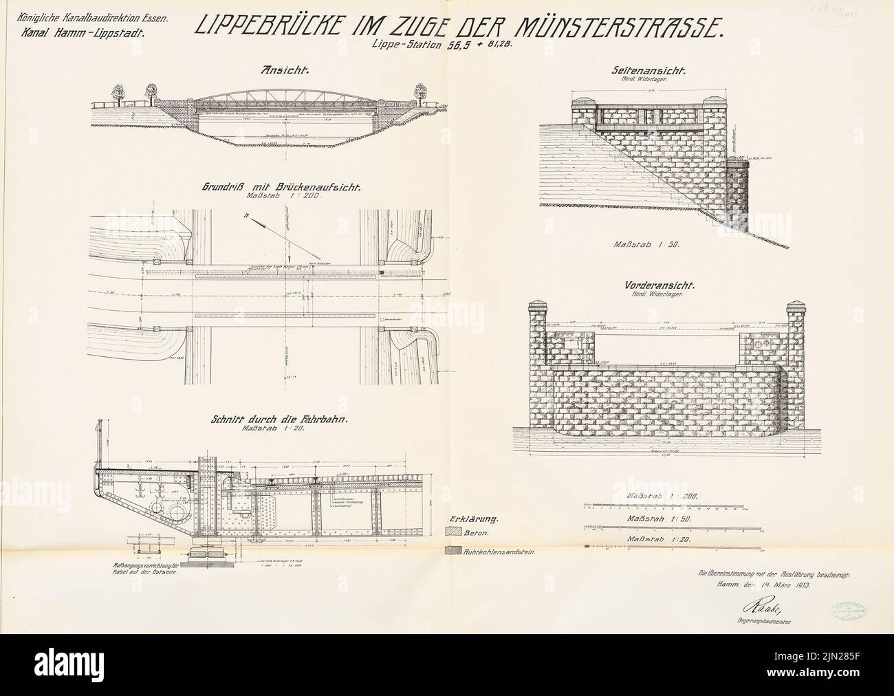 N.N., Canal Datteln-Hamm-Lippstadt. Lippebrücke dans la rue Münsterstrasse, Hamm: Lippe-Stat. 56,5: vues, plan d'étage, coupe 1: 200, 1:50, 1:20. Lithographie sur papier, 71,4 x 100,7 cm (y compris les bords de numérisation) Banque D'Images