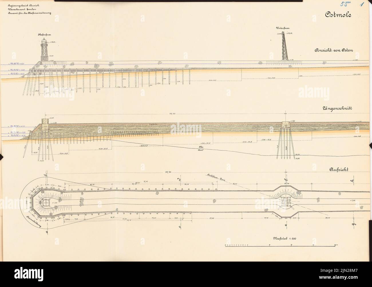 N.N., Ostmole au port extérieur, Emden: Vue, supervision, coupe 1: 250. Lithographie colorée sur le carton, 47,8 x 67,9 cm (y compris les bords de numérisation) Banque D'Images