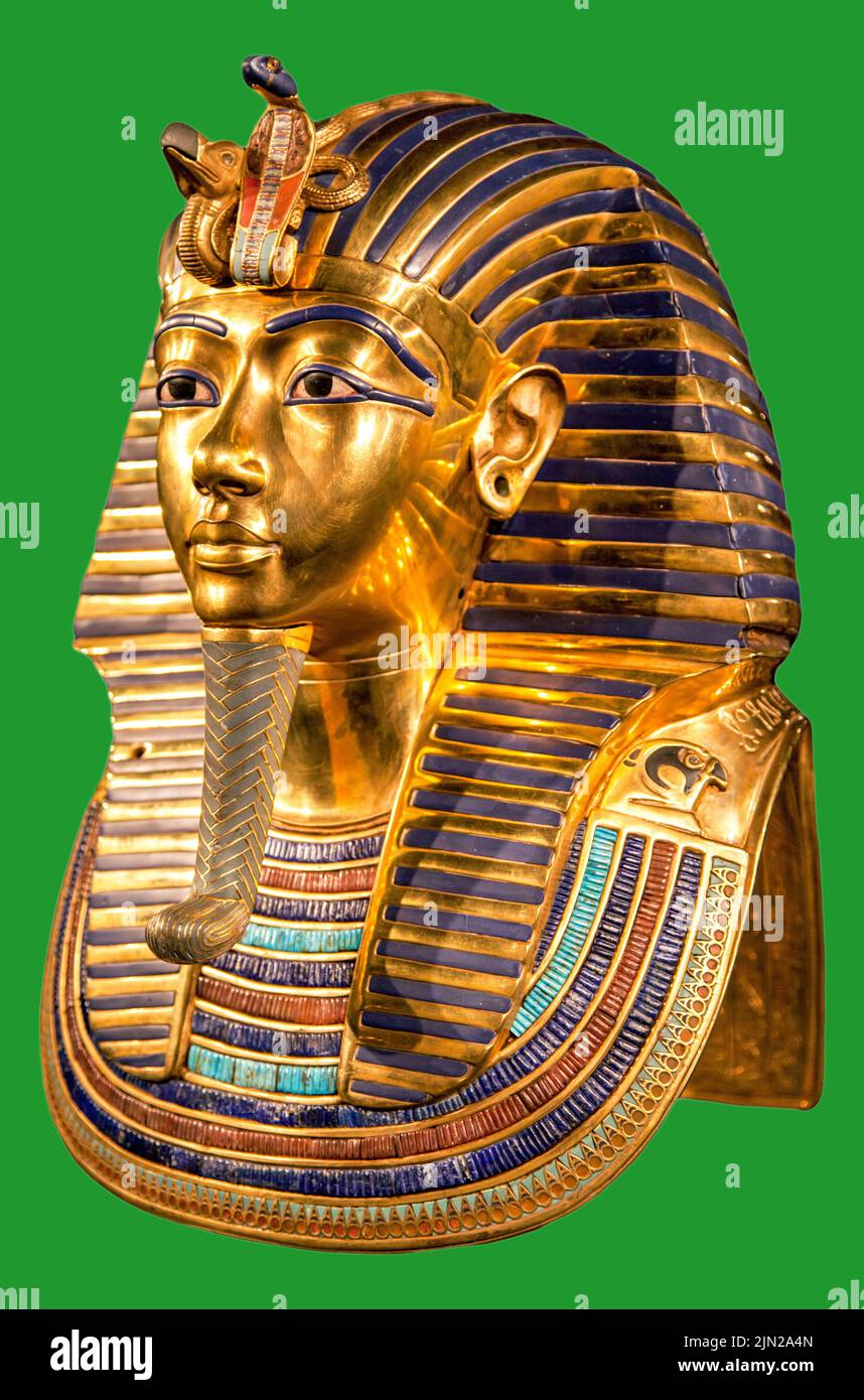 Masque funéraire de pharaon Toutankhamon sur fond vert. Roi égyptien Tut Banque D'Images