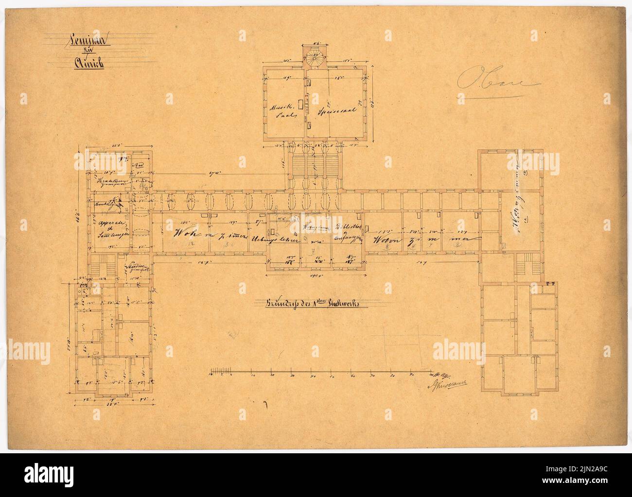 Gustav ail (1833-1916), bâtiment de séminaire, Aurich: Plan d'étage 1st étage. Encre, crayon aquarelle sur papier transparent, 49,4 x 68,9 cm (y compris les bords de numérisation) Banque D'Images