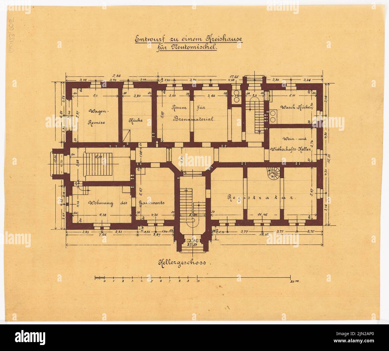 Gustav ail (1833-1916), maison de quartier, Neutomischel: Plan d'étage. Encre sur aquarelle sur transparent, 34,7 x 41,6 cm (y compris les bords de numérisation) Banque D'Images