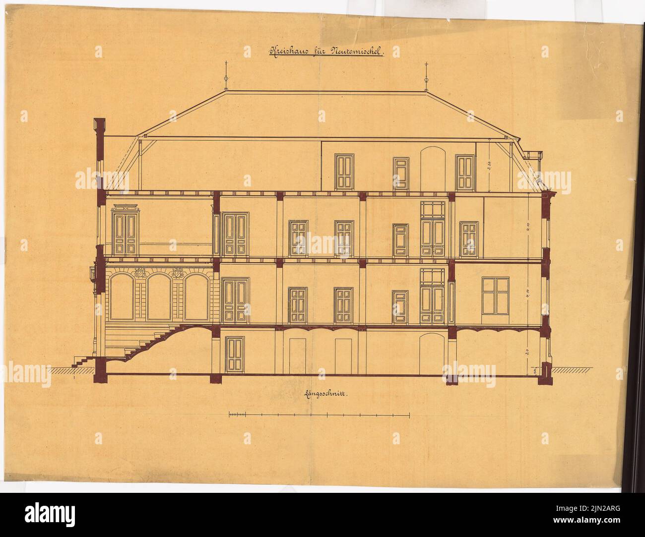 Gustav ail (1833-1916), maison de district, Neutomischel : section longitudinale. Encre sur aquarelle sur transparent, 60 x 78,5 cm (y compris les bords de numérisation) Banque D'Images