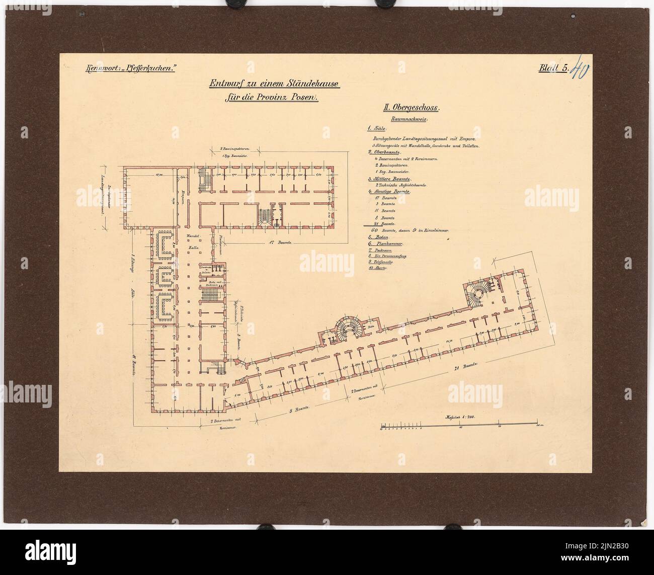 Knoblauch, Arnold & Knoblauch, Gustav, Ständhaus pour la province de Poznan, Poznan: Plan d'étage 2nd étage 1: 200. Encre, crayon de couleur sur papier sur carton, 68 x 84 cm (y compris les bords de numérisation) Banque D'Images