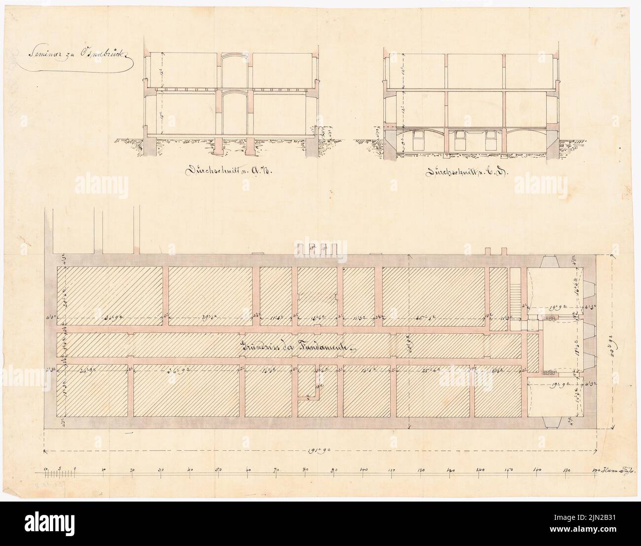 Gustav ail (1833-1916), bâtiment de séminaire, Osnabrück: Fondations de plan d'étage, 2 coupes. Tuche aquarelle sur transparent, 35,2 x 45 cm (y compris les bords du balayage) Banque D'Images