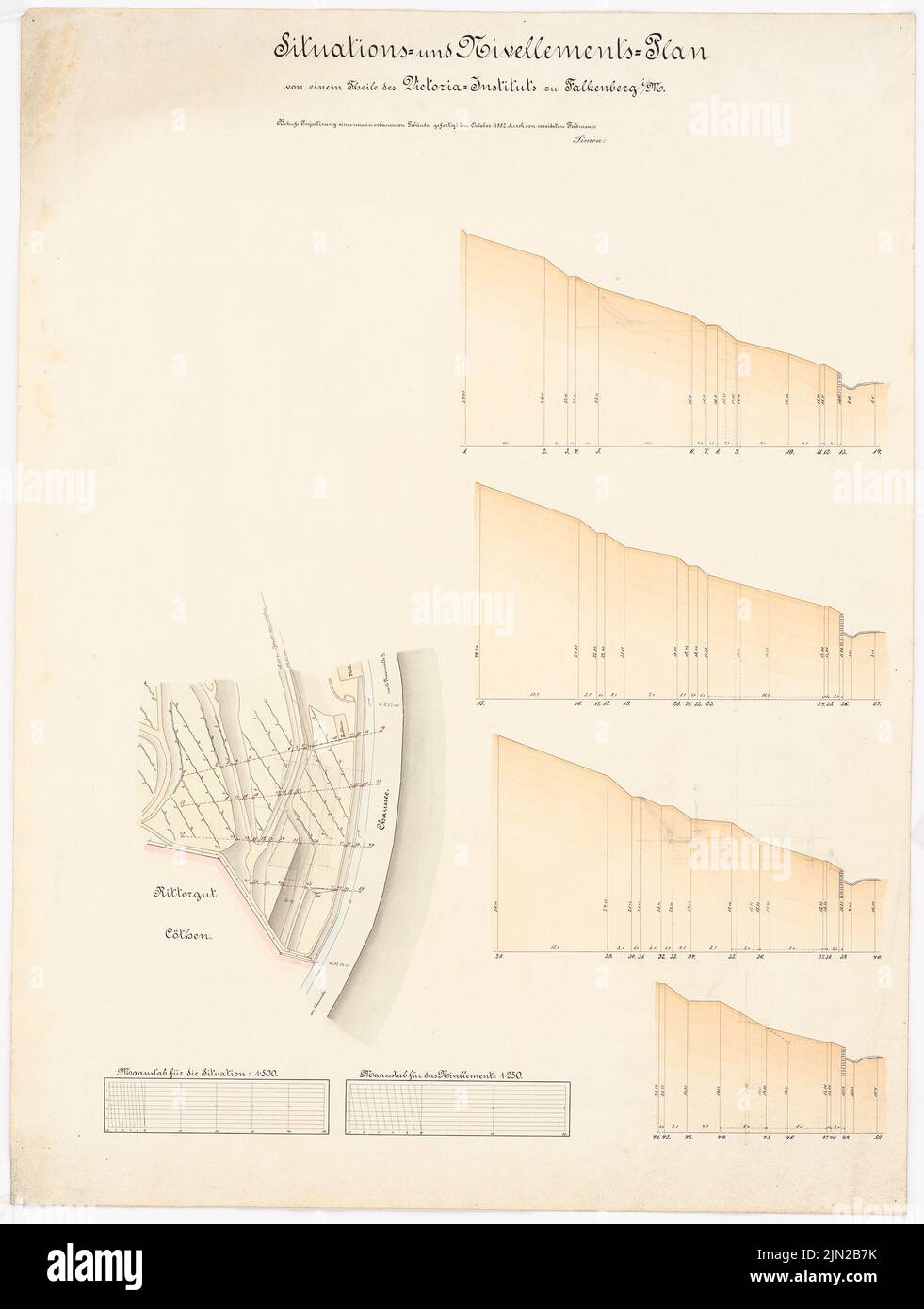 Knoblauch & Wex, nouveau bâtiment de classe de l'Institut Victoria, Falkenberg/Mark: Plan de situation 1: 500, 4 tranches hors route 1: 250. Crayon, aquarelle d'encre sur papier, 67,7 x 51,2 cm (y compris les bords de numérisation) Banque D'Images