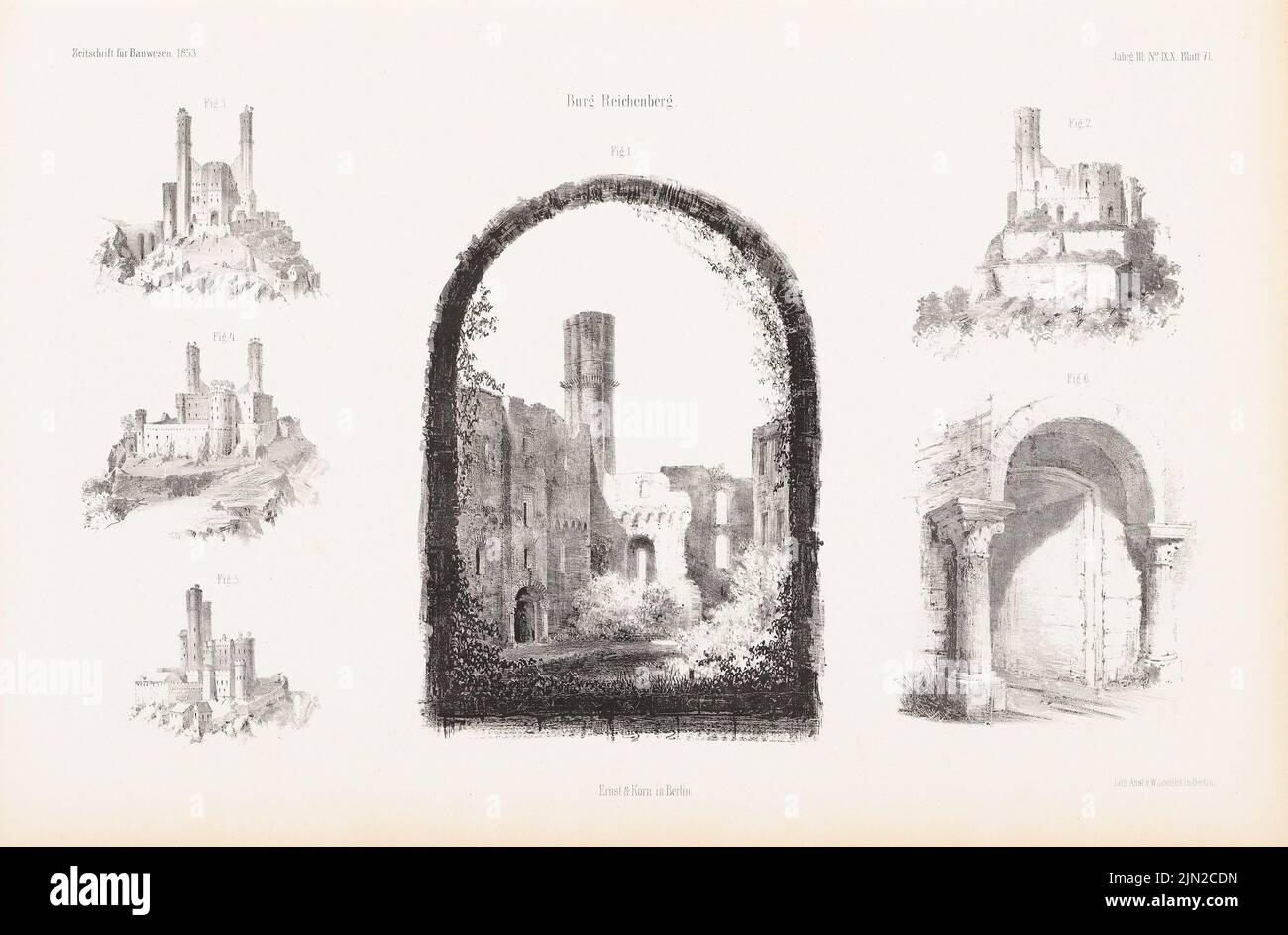 N.N., Château de Reichenberg. (De : Atlas au magazine for Building, éd. V. G. Erbkam, JG. 3, 1853) : vues en perspective. Lithographie sur papier, 28 x 42,6 cm (y compris les bords de numérisation) Banque D'Images