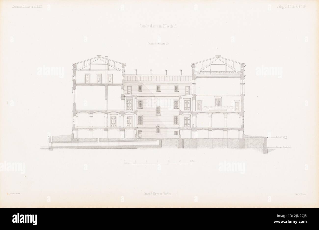 Busse Carl Ferdinand (1802-1868), palais de justice, Elberfeld. (De : Atlas au magazine for Building, éd. V. G. Erbkam, JG. 2, 1852) : coupe. Couture sur papier, 28 x 43 cm (y compris les bords de numérisation) Banque D'Images