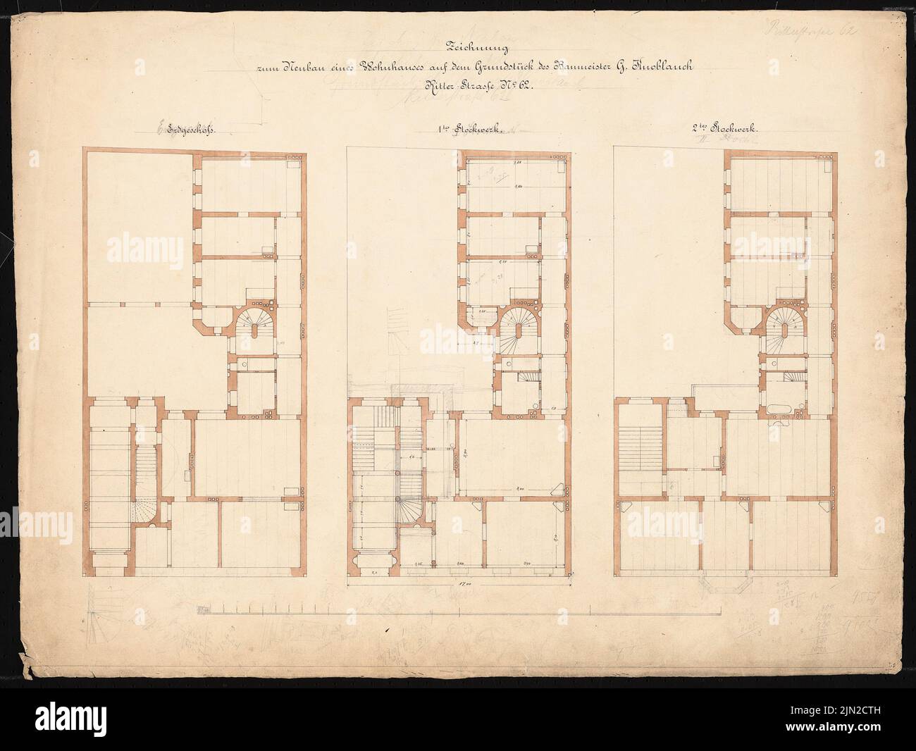Knoblauch & Wex, Ritterstraße 61-65 bâtiments résidentiels, Berlin: Knoblauch No. 62: Grundriss EG, 1st et 2nd étages. Encre, crayon aquarelle sur papier, 52,4 x 69,8 cm (y compris les bords de numérisation) Banque D'Images