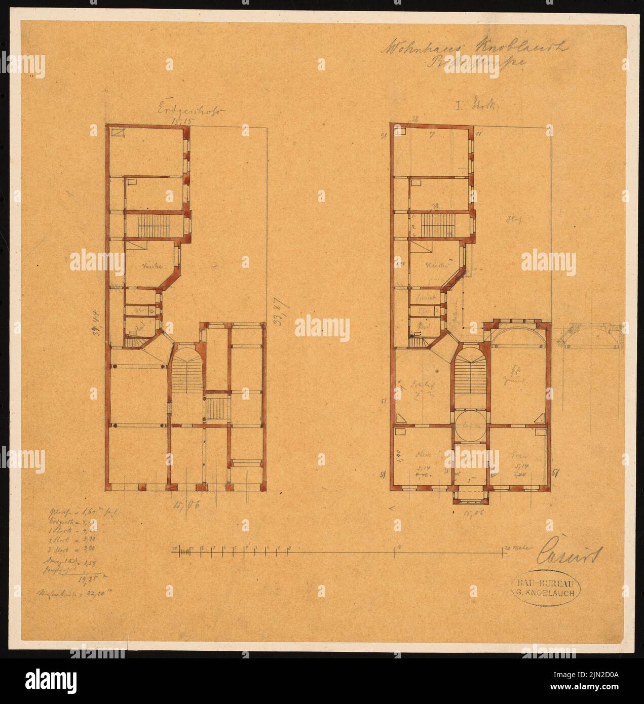 Knoblauch & Wex, Ritterstraße 61-65 bâtiments résidentiels, Berlin : Knoblauch no 64 (1st projet de phase): Grundriss EG, 1st einte. Crayon aquarelle sur papier transparent, 30,6 x 30 cm (y compris les bords de numérisation) Banque D'Images