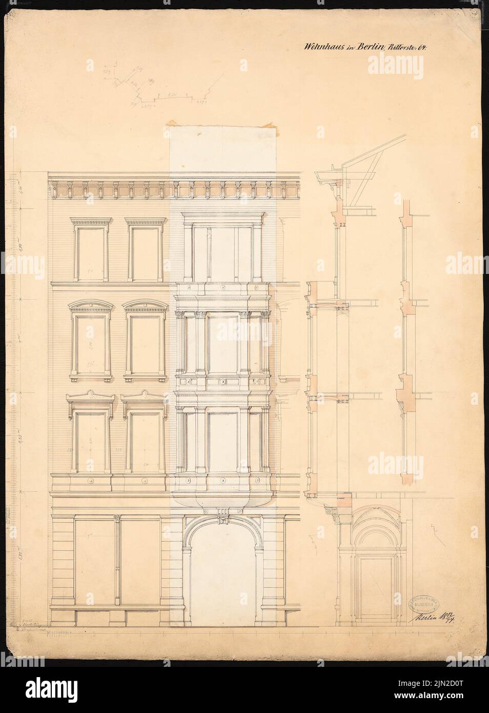 Knoblauch & Wex, Ritterstraße 61-65 bâtiments résidentiels, Berlin : Knoblauch no 65: Vue avec insertion, 2 coupes de façade verticales. Tuche aquarelle sur papier, 70,6 x 51,8 cm (y compris les bords de numérisation) Banque D'Images