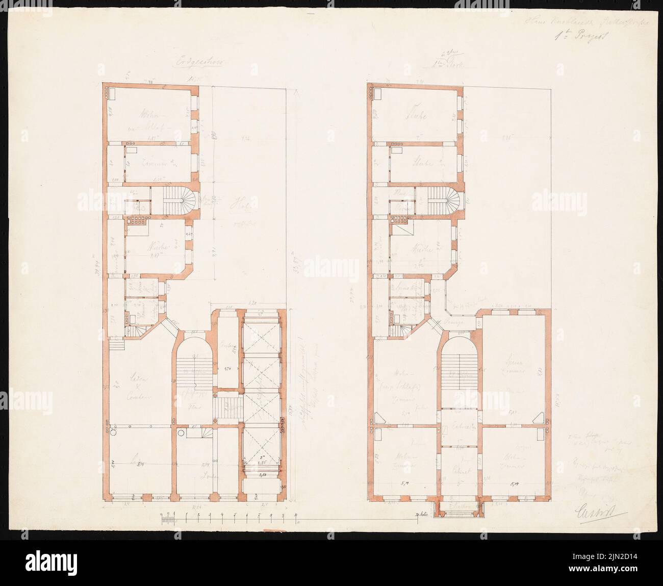 Knoblauch & Wex, Ritterstraße 61-65 bâtiments résidentiels, Berlin : Knoblauch n° 64 (phase préliminaire 1st) : Grundriss EG, 1st et 2nd EG. Encre, crayon aquarelle sur papier, 44,5 x 54,6 cm (y compris les bords de numérisation) Banque D'Images