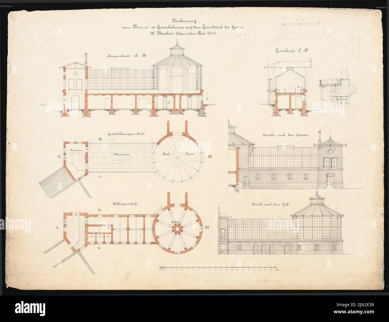 Knoblauch Gustav (1833-1916), serre W. Borchert, Berlin: Grundriss KG, EG, vue du côté jardin, vue du côté cour, section longitudinale, section transversale CD, 3 détails. Crayon, aquarelle d'encre sur papier, 53,3 x 70,2 cm (y compris les bords de numérisation) Banque D'Images