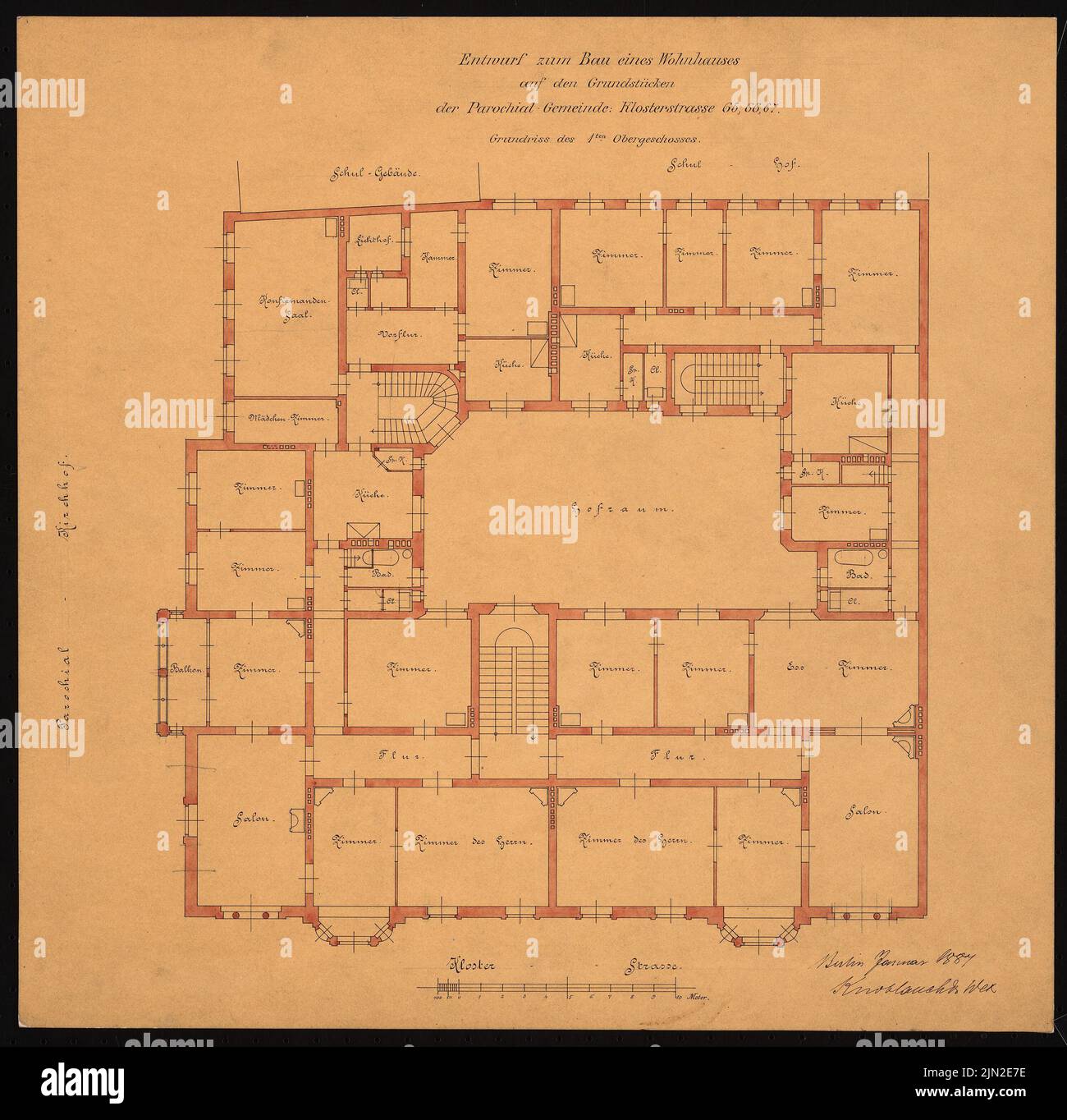 Knoblauch & Wex, bâtiment résidentiel et commercial de la communauté paroissiale de Klosterstraße, Berlin-Mitte : Grundriss 1 : OG. Encre, crayon aquarelle sur papier transparent, 48,2 x 49,2 cm (y compris les bords de numérisation) Banque D'Images