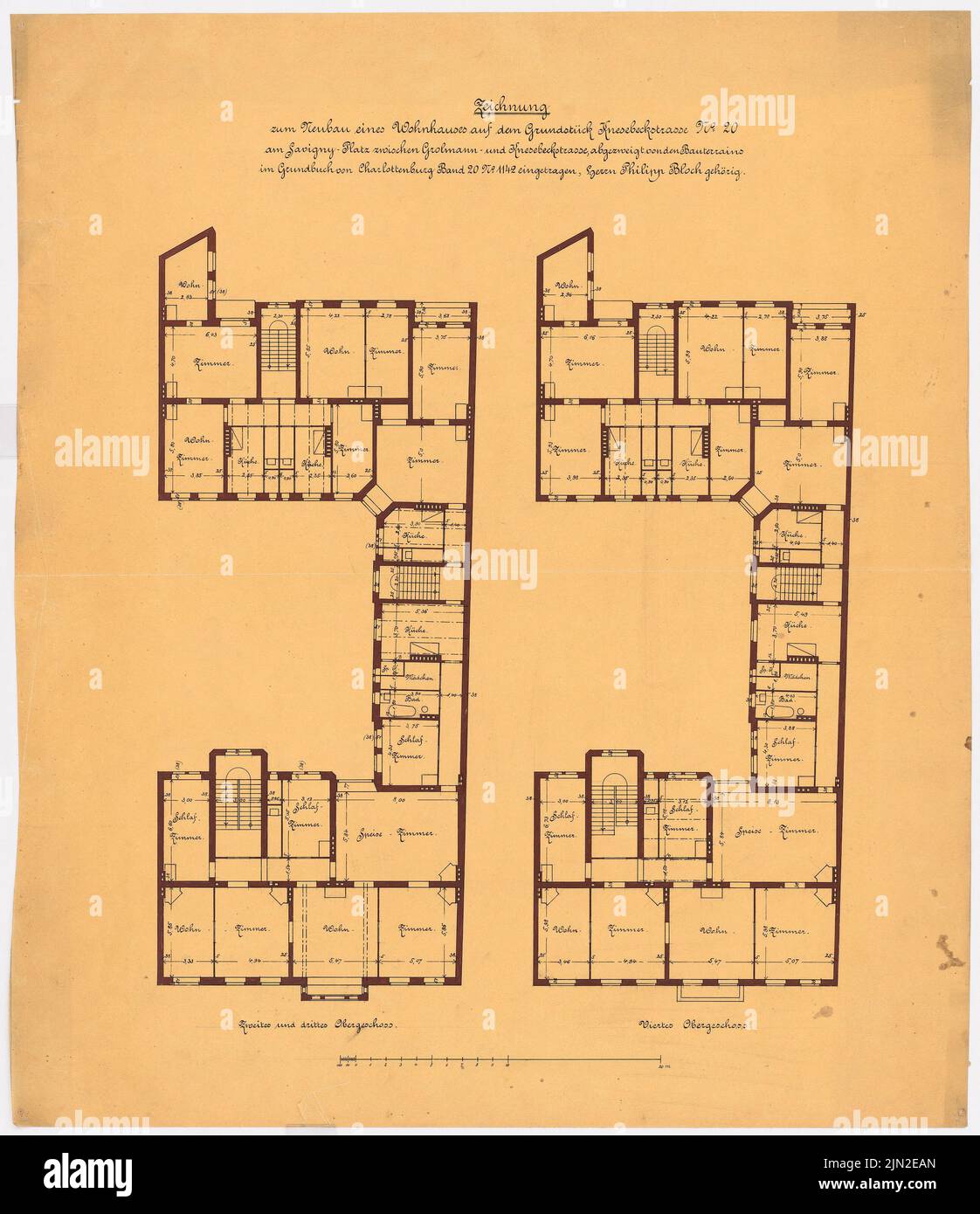 Knoblauch Gustav (1833-1916), immeuble résidentiel P. Bloch III Knesebeckstraße 20-22, Berlin-Charlottenburg: Knesebeckstraße 20: Grundriss 2nd et 3rd étages, 4th étages. Tuche aquarelle sur transparent, 74 x 63,9 cm (y compris les bords du balayage) Banque D'Images