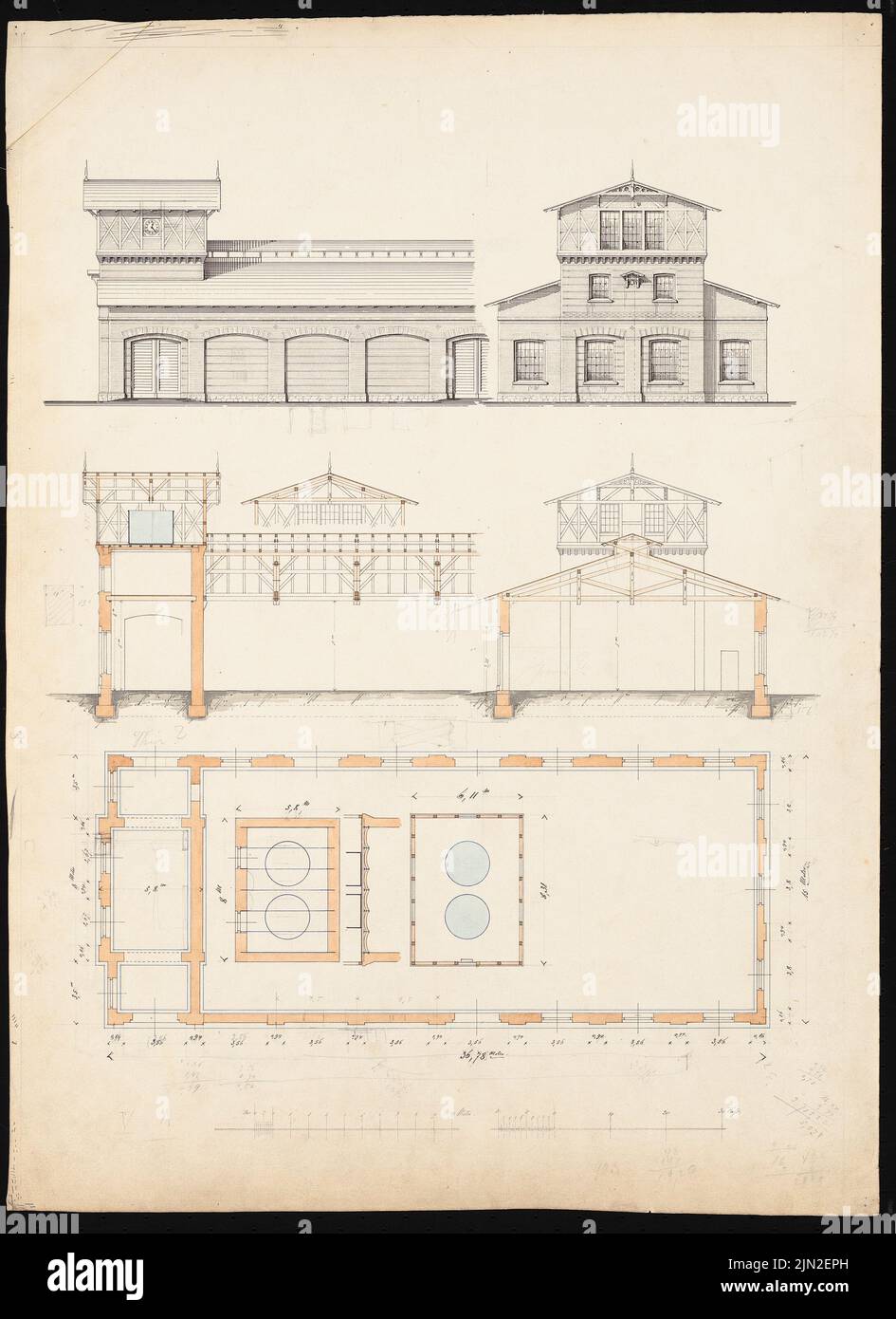 Hollin & Knoblauch, usine chimique »Kanne« (Kunheim & Co.), Berlin-Niederschöneweide. Usine d'acide sulfurique: Machine et chaufferie: Plan d'étage, vue du côté pignon, vue latérale, coupe transversale, section longitudinale. Crayon, aquarelle d'encre sur papier, 68,6 x 49,9 cm (y compris les bords de numérisation) Banque D'Images