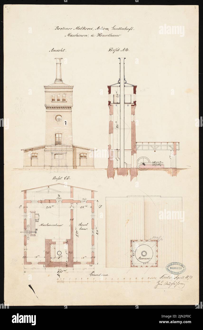 Knoblauch & Wex, Berlin Dairy Aktien-Gesellschaft, Berlin-Kreuzberg. Machine et chaufferie: 2 plans d'étage, vue, coupe transversale. Aquarelle crayon et encre sur papier, 50,9 x 33,5 cm (y compris les bords de numérisation) Banque D'Images