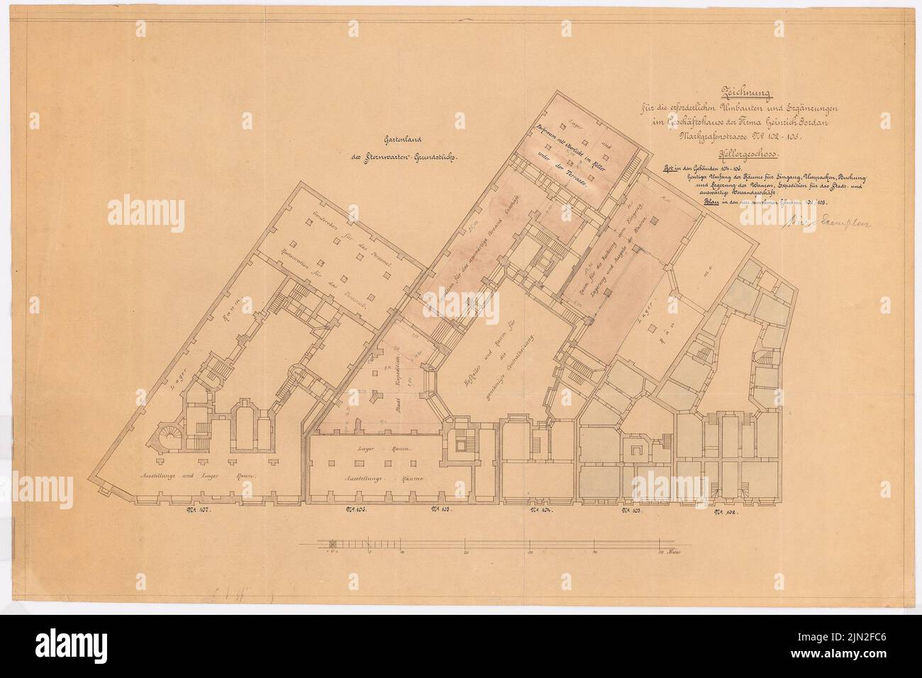 Knoblauch & Wex, grand magasin de conversion et d'expansion Erich Jordan, Markgrafenstr. 102-107, Berlin-Kreuzberg: Markgrafenstr. 102-107: Grundliss Keller. Aquarelle, crayon sur papier léger, 47,4 x 71,1 cm (y compris les bords de numérisation) Banque D'Images