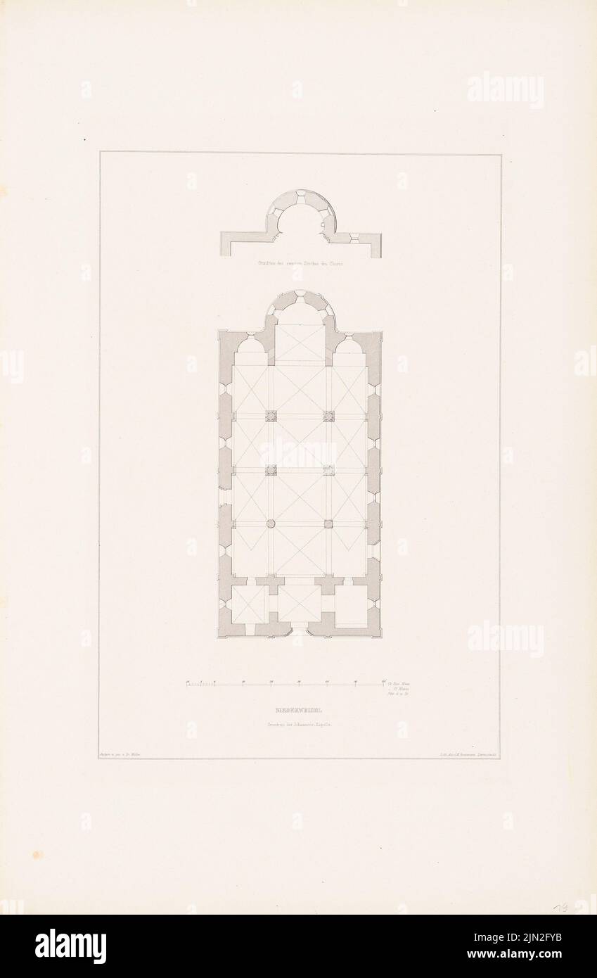 Müller F., Johannitrekapelle, Nieder-Weisel. (Depuis : Denkmäler d. Architecture allemande, Darg. V. Hessische Verein F.D. Moyen âge Moyen âge Kunstwerke, Darmstadt, vol. 1, Atlas, 1856): Grundliss 1: 150. Lithographie sur carton, 53,6 x 35 cm (y compris les bords de numérisation) Banque D'Images