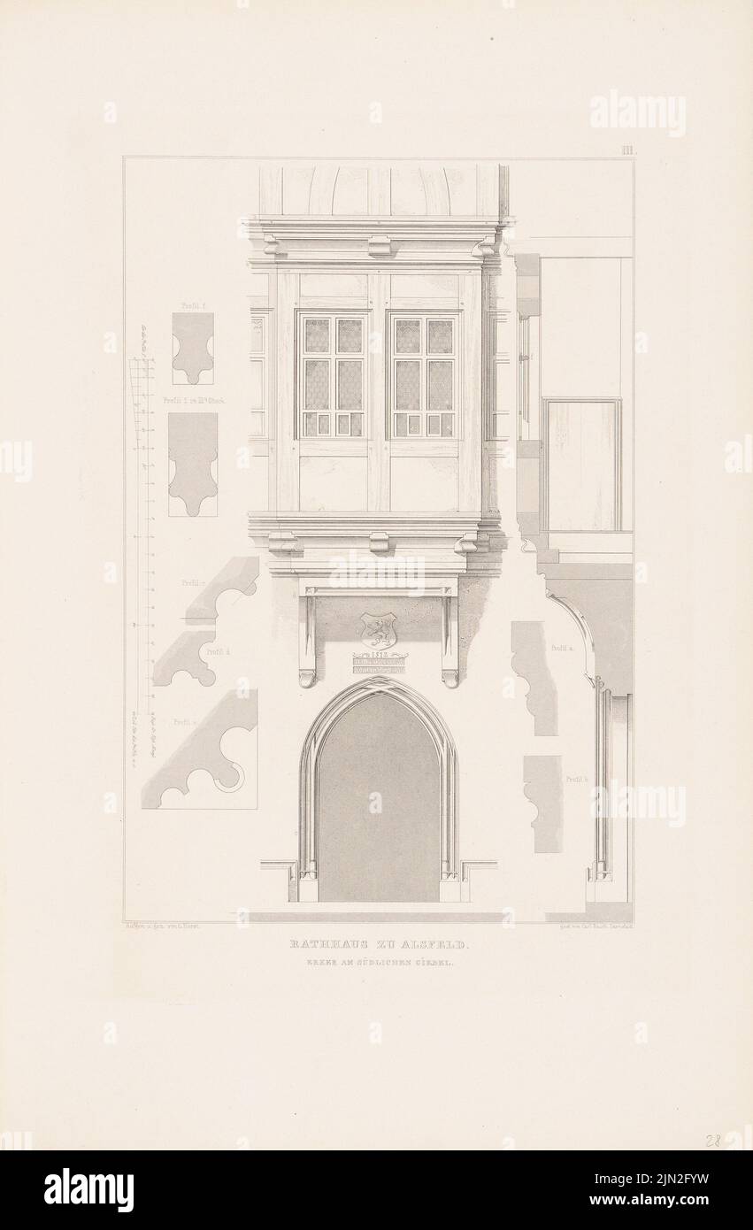 Horst C., Rathaus, Alsfeld. (Depuis : Denkmäler d. Architecture allemande, Darg. V. Hessische Verein F.D. Moyen âge Moyen âge Kunstwerke, Darmstadt, vol. 1, Atlas, 1856): Voir Erker sur le Giebel méridional. Lithographie sur carton, 53,4 x 35 cm (y compris les bords de numérisation) Banque D'Images